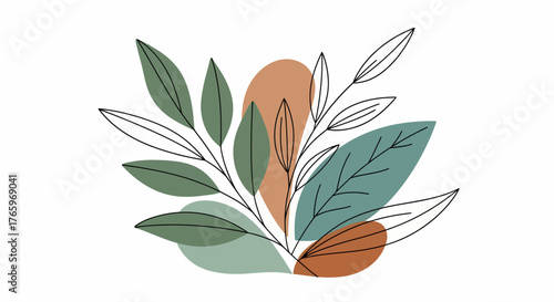 Elegant vector design with botanical leaves and minimalist abstract shapes on white background