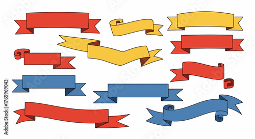 Set of vector banners, elegant ribbons in red, yellow and blue for promotions and decorative designs