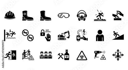 Vector icons representing industrial safety, construction hazards, and personal protective equipment.