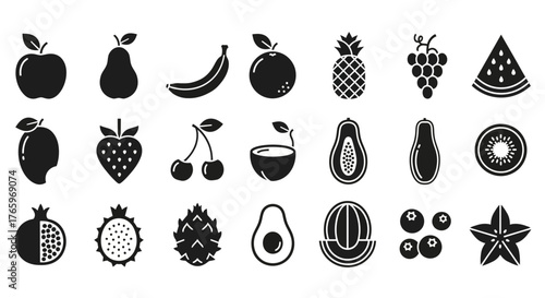 Food fruits glyph icon set. Vector pictograms of banana, strawberry, pineapple, watermelon, grapes, mango, blueberries, peach, cherry, melon, avocado, pear, black sign silhouette illustration.
