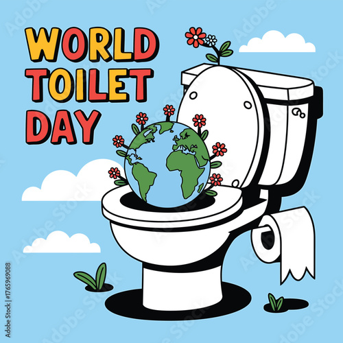 Illustration of a toilet with the earth on top, decorated with flowers, celebrating world toilet day