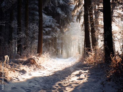 Sunlit Snowy Forest 