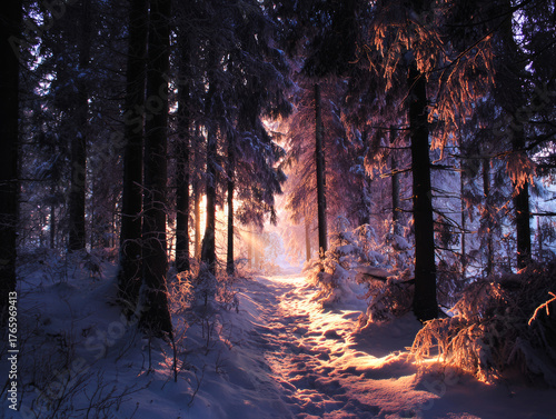 Sunlit Snowy Forest 