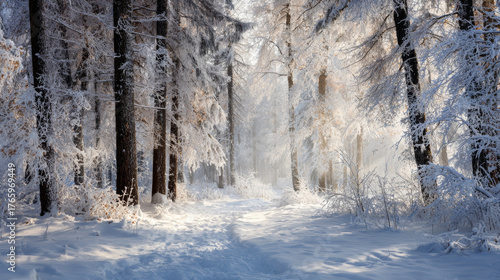 Sunlit Snowy Forest 
