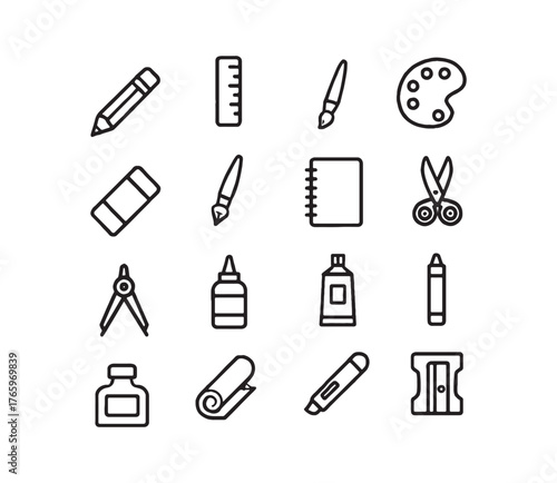 Collection of art and craft supplies icons in a simple black silhouette style