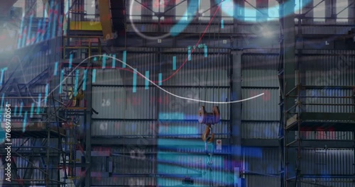 Data sweeping left and flickering driving crane hook lowering and rising for analytics