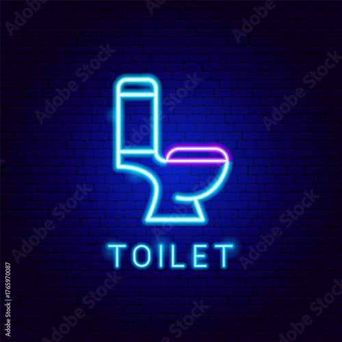 Toilet Neon Label Side View. Vector Illustration of Bright Plumber Object in Glowing Style With Typography. Bath Led Lamp Icon over Dark Blue Brick Background.