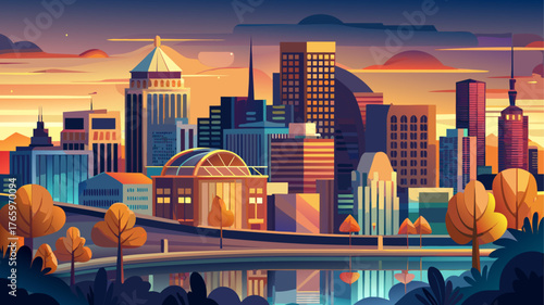 Very beautiful aerial view of Fresno, California skyline at dusk, glowing under golden hour light with dreamy bokeh effects, modern buildings, and a calm evening city atmosphere.