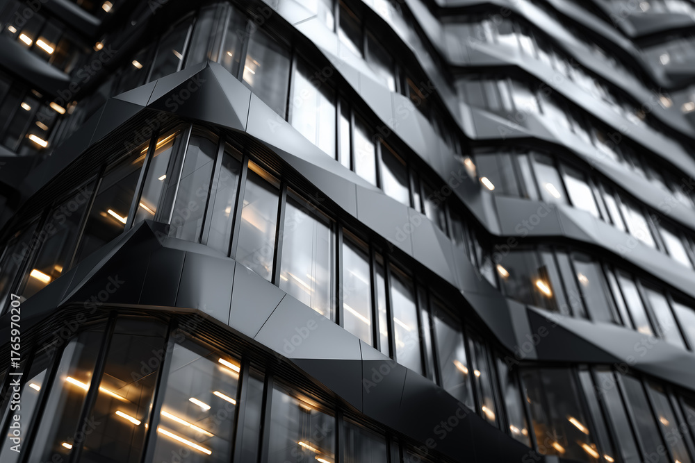 Fototapeta premium Modern architectural building facade with geometric steel and glass design