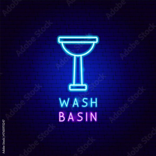 Water Basin Neon Label. Vector Illustration of Bright Plumber Object in Glowing Style with Typography. Wash Sink Led Lamp Icon over Dark Blue Brick Background.