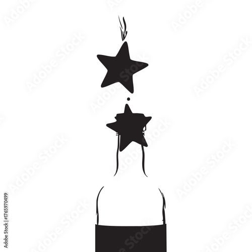 Champagne bottle popping vector silhouette. Celebration icon with stars exploding from open bottle
