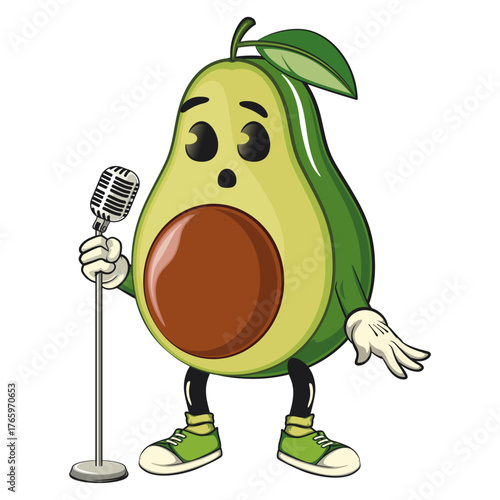 cute avocado mascot cartoon vector illustration on front of the mic become a stand up comedian, healthy food concept, isolated for logo, kids, and nutrition themes, work of hand drawn