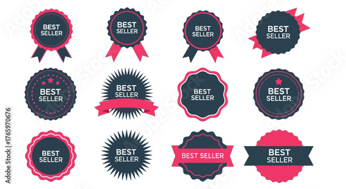 Collection of Best Seller badges and seals in pink and dark blue, perfect for retail and e-commerce product highlighting