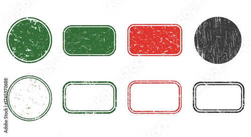 Set of eight distressed circular and rectangular stamps, textured graphic elements for design projects