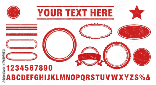 Collection of red blank graphic elements including circles, ovals, rectangles, stars, alphabets and numbers for design