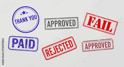 Collection of Approved, Rejected, Paid, and Thank You stamps, symbolizing business decisions and transactions