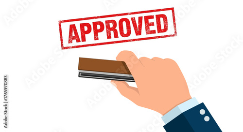 Hand holding a rubber stamp with the word APPROVED imprinted in red against a white background, symbolizing official endorsement and validation
