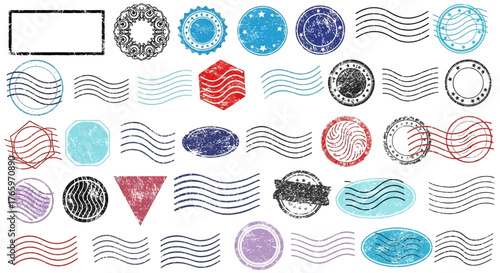Collection of grunge and rubber stamps with postal wave marks on a white background