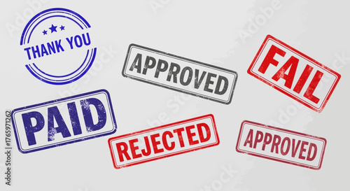 Collection of assorted rubber stamps indicating approval, rejection, payment, and thanks