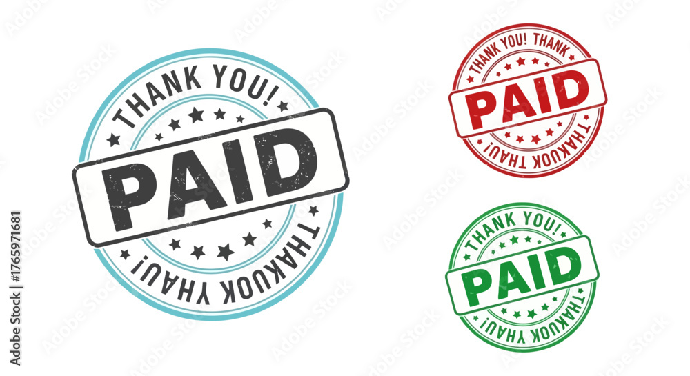 Obraz premium Set of three vibrant circular payment confirmation stamps, prominently featuring 'PAID' text and 'THANK YOU!' messages, available in blue, red, and green for versatile financial