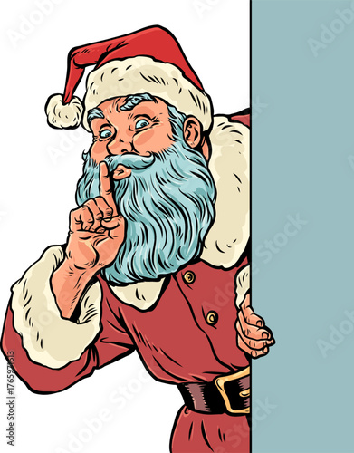 Pop Art Retro Santa Claus gives the be quiet sign. New Year s sales, promotions, and discounts. Santa Claus s secrets and the New Year s spirit.