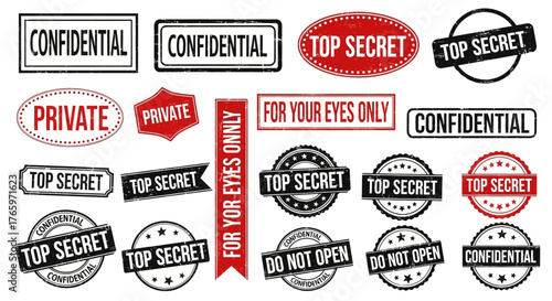Vector collection of security classification stamps and labels, featuring 'Confidential', 'Top Secret', and 'Private' for sensitive document markings and graphic design