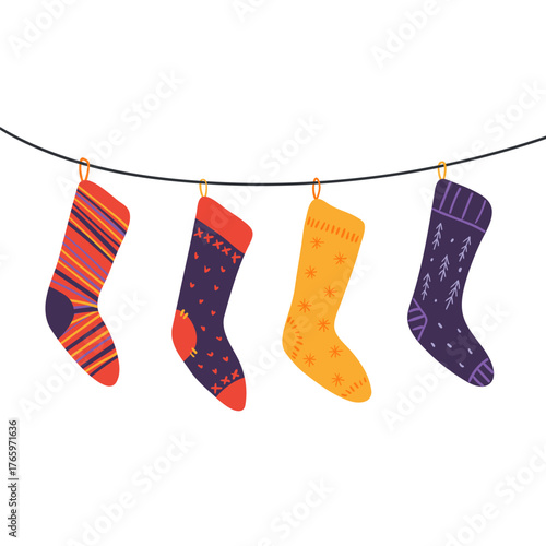 Hanging Christmas stockings, isolated on transparent. Hand drawn flat vector illustration. Traditional holiday, Epiphany, Three Kings Day, seasonal design element, clip art