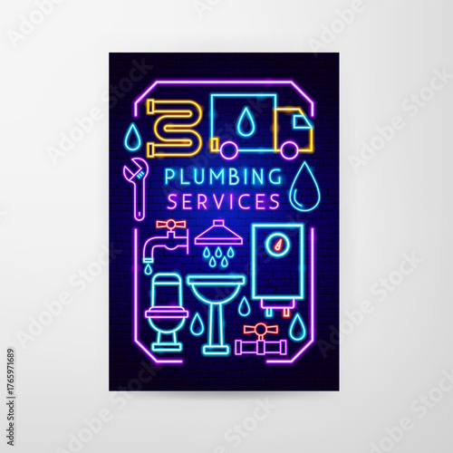 Plumber Neon Flyer. Vector Illustration of Bright Plumbing Service Signs in Modern Glowing Style with Typography. Poster Concept. Led Lamp Pipe, Faucet, Toilet, Sink over Dark Brick Blue Background.