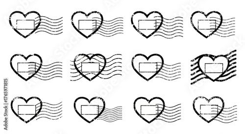 A collection of vintage-style heart-shaped postage stamps with wavy cancellation lines, isolated on a white background for romantic designs