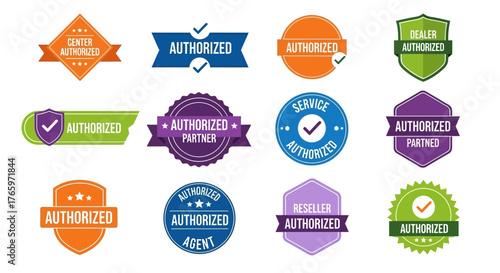 Set of authorized seals and badges with checkmarks, signifying approval and certification for various businesses and services
