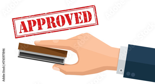 Business hand holding a traditional rubber stamper, creating an official 'Approved' mark on a document, symbolizing successful validation, confirmation, and authorization for a process or decision