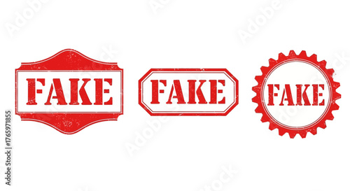 Three Red Stamps With the Word 'Fake' Clearly Visible, Representing Falsehood and Deception