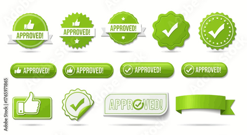 Collection of green approved stickers, badges, and stamps with checkmarks and ribbons, indicating confirmation and validation