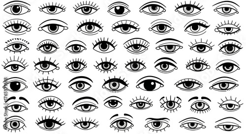 A large collection of hand-drawn human and mystical eye symbols in a simple black and white line art style, featuring various gazes and expressions