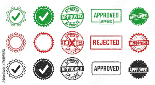 Vector set of approved and rejected rubber stamp seals. Green checkmarks and red crosses on grunge style imprints for validation and certification