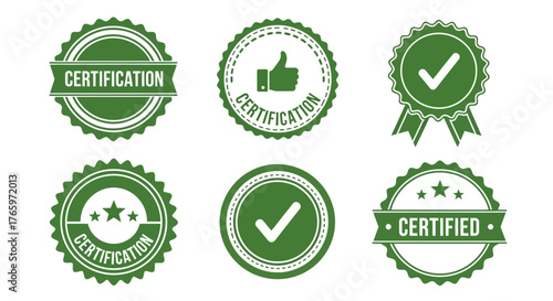 Set of green certification badges, stamps, and seals for approved, verified, and quality assurance