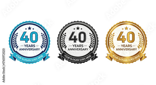 Elegant set of 40th anniversary celebration emblems in gold, silver, and blue. Vector collection of fortieth jubilee seals and award badges