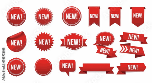 Collection of new product tags, labels, and stickers in red, indicating special offers and announcements