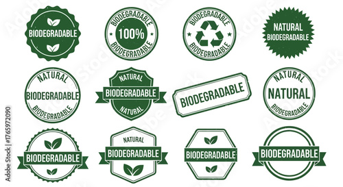 Collection of green biodegradable and natural stamp badges for sustainable and eco-friendly products
