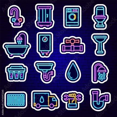 Plumber Neon Stickers. Vector Illustration of Bright Plumbing Signs in Modern Glowing Style. Led Lamp Pipe, Faucet, Wrench, Toilet, Sink Symbols. 