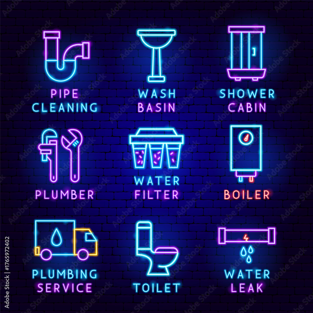 Fototapeta premium Plumbing Service Label Set. Vector Illustration of Bright Plumber Signs in Modern Glowing Style Typography Concept. Led Lamp Pipe, Faucet, Wrench, Toilet, Sink. Dark Blue Brick Website Background. 