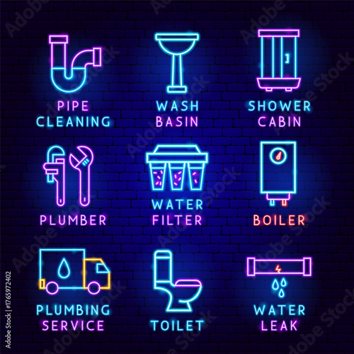 Plumbing Service Label Set. Vector Illustration of Bright Plumber Signs in Modern Glowing Style Typography Concept. Led Lamp Pipe, Faucet, Wrench, Toilet, Sink. Dark Blue Brick Website Background. 
