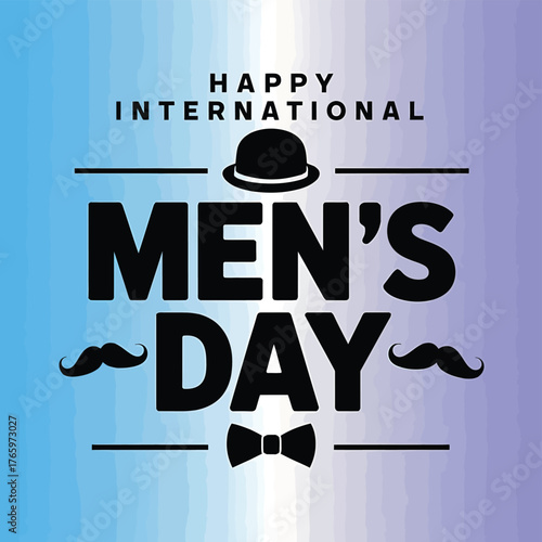 Vector art of happy international mens day text with bowler hat, mustaches, and bow tie on a blue and purple gradient background