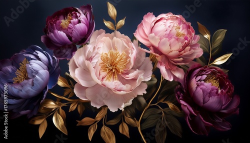 baroque flowers in rich deep colors peonies on dark background
