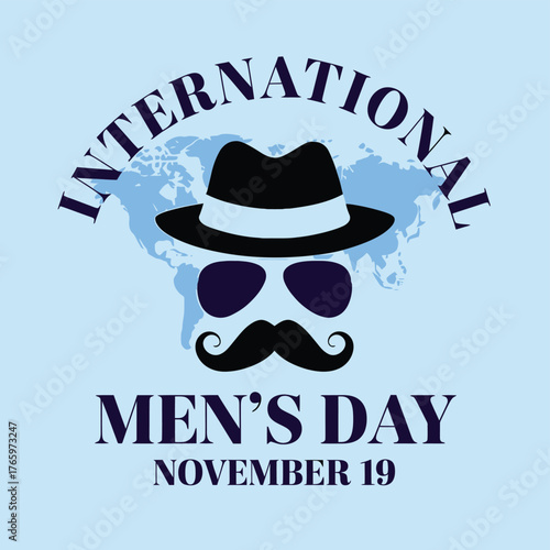 Vector art of international mens day celebration with a stylish mans hat, sunglasses, and mustache graphic on a world map background