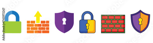 Vector art of security icons featuring locks, shields, and firewalls, symbolizing protection, safety, privacy, and cybersecurity for digital and physical assets on transparent background