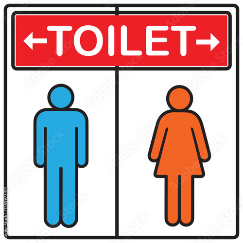 Gendered restroom sign with figures and directional arrows