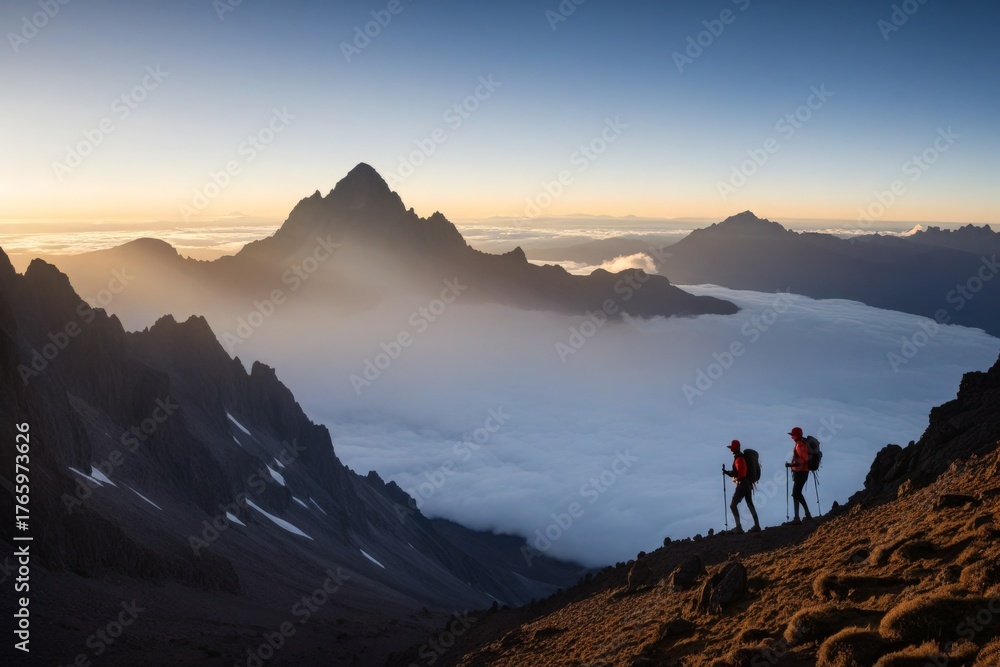 Obraz premium Bergwanderer auf einem Gipfel im Sonnenaufgang mit imposanten Felsen und schneebedecktem Vulkan im Hintergrund