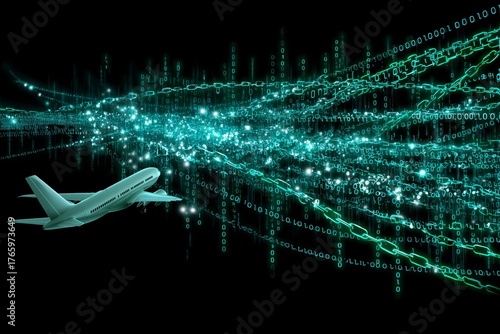 A modern airplane navigates a digital realm of binary code and chains, highlighting aviation vulnerabilities from cyber threats and geopolitical issues
