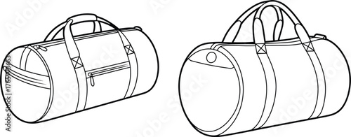 Detailed duffle bag flat sketch, vector technical drawing, front and back view, zipper pocket gym travel bag fashion illustration